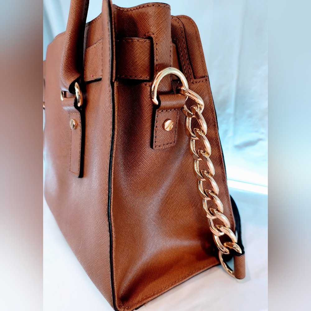 MICHAEL KORS Cognac Hamilton Saffiano Leather Satchel with Gold-Tone Chain Strap - Picture 4 of 16